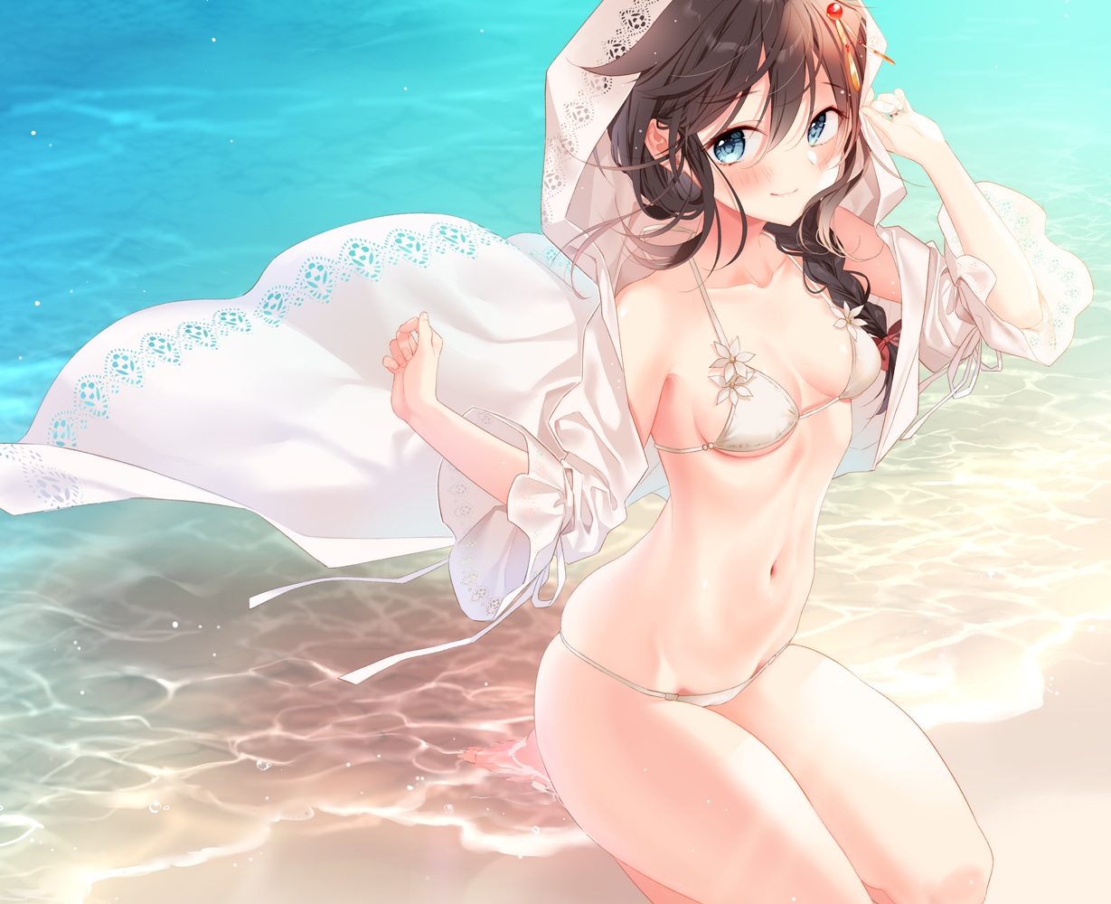 anthropomorphism, aqua_eyes, beach, bikini, blush, braids, breasts, brown_hair