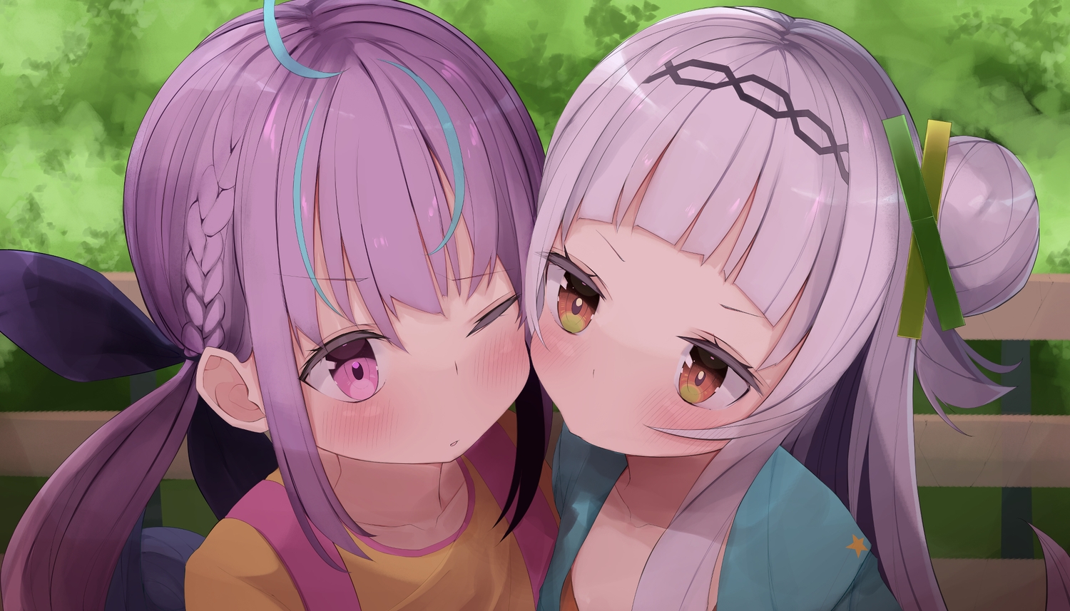 2girls, blush, braids, brown_eyes, close, eureka_814, gray_hair, headband, hololive, loli, long_hair, minato_aqua, murasaki_shion, purple_eyes, purple_hair, shoujo_ai, twintails, wink