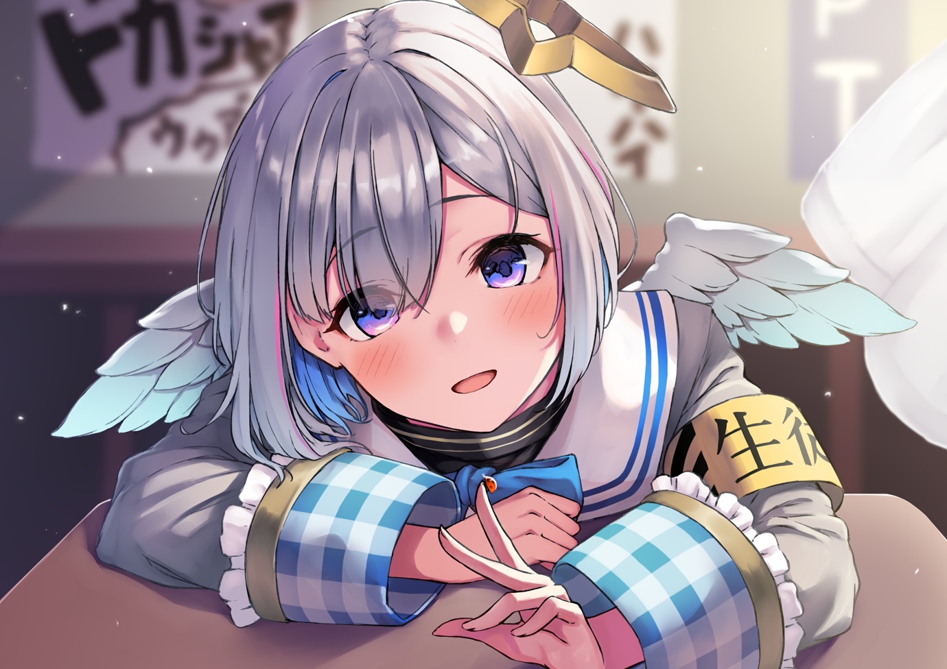 amane_kanata, angel, blush, gray_hair, halo, hololive, purple_eyes, ryuinu