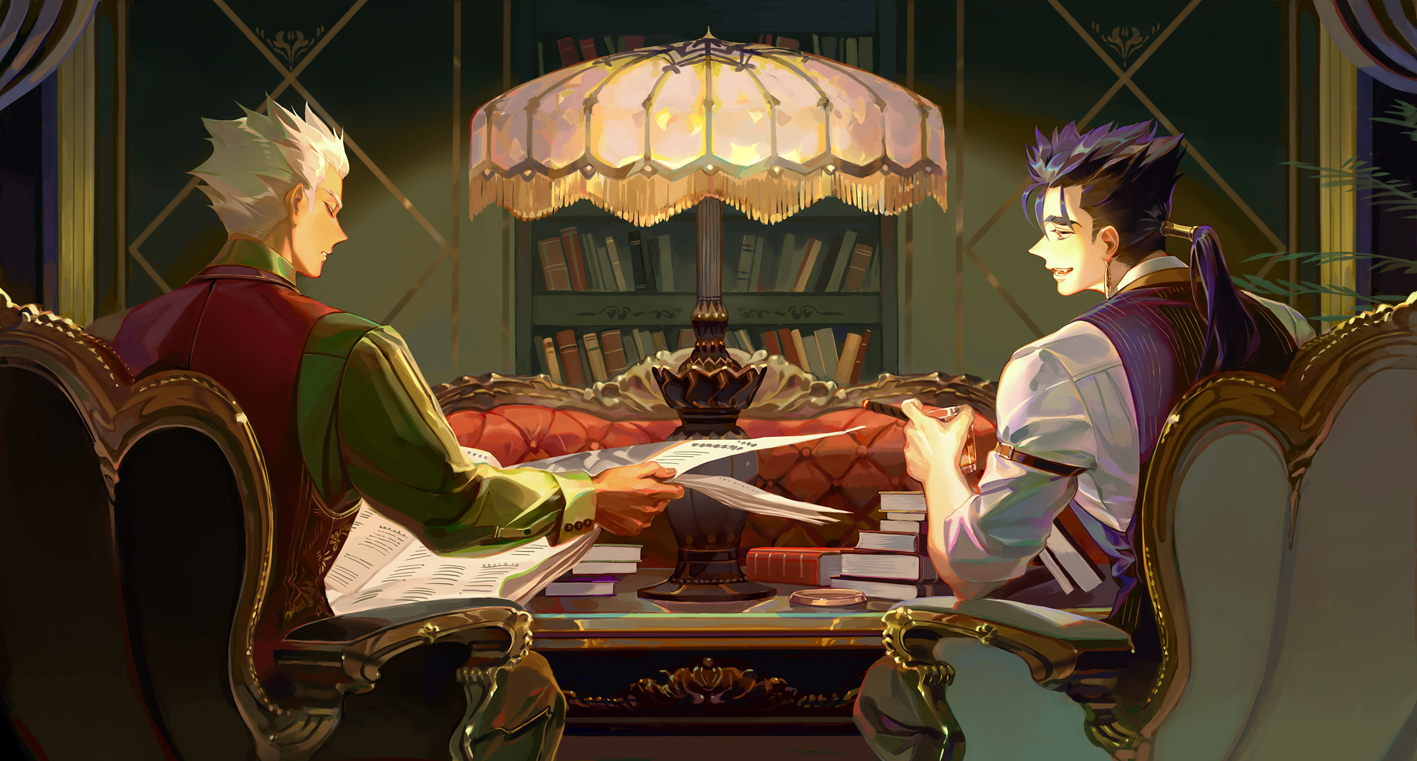 all_male, archer, blue_hair, book, building, cu_chulainn, drink, fate/grand_order