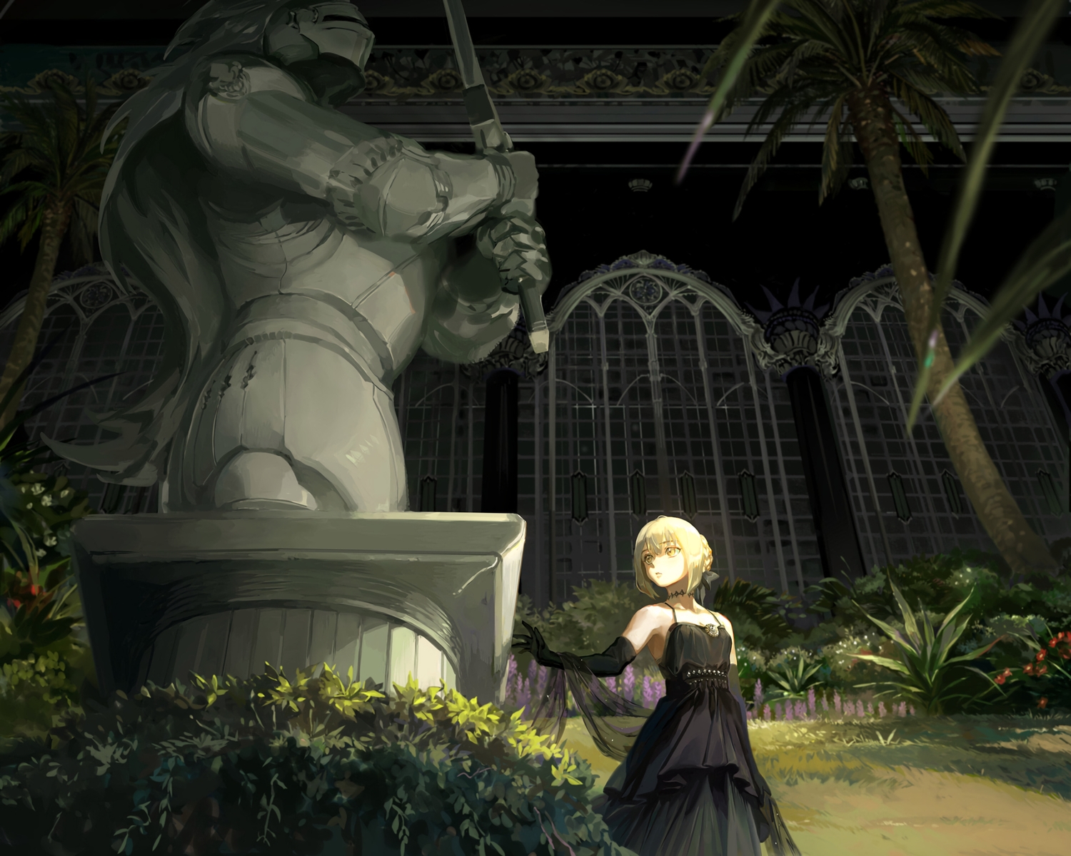 artoria_pendragon_(all), blonde_hair, bow, building, choker, cropped, dress, elbow_gloves, fate/grand_order, fate_(series), flowers, gloves, grass, saber, saber_alter, short_hair, taro-k, tree, yellow_eyes
