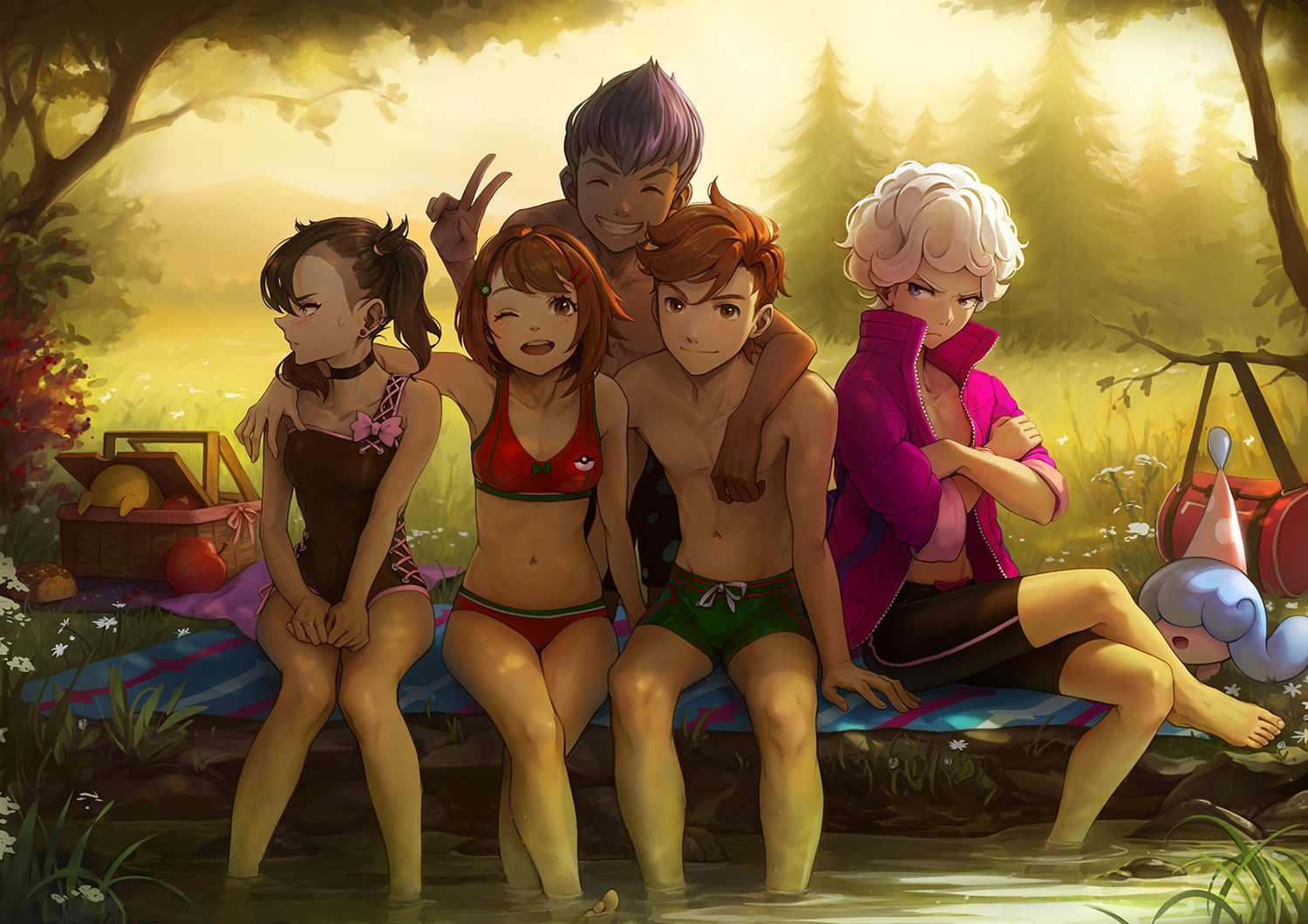 apple, barefoot, beet_(pokemon), bikini, blue_eyes, blue_hair, bow, brown_eyes, brown_hair, choker, dark_skin, flowers, food, forest, fruit, grass, group, hatenna, hop_(pokemon), kazuko_(towa), male, mary_(pokemon), masaru_(pokemon), morpeko, navel, open_shirt, pokemon, short_hair, shorts, swimsuit, topless, tree, water, white_hair, wink, yuuri_(pokemon)