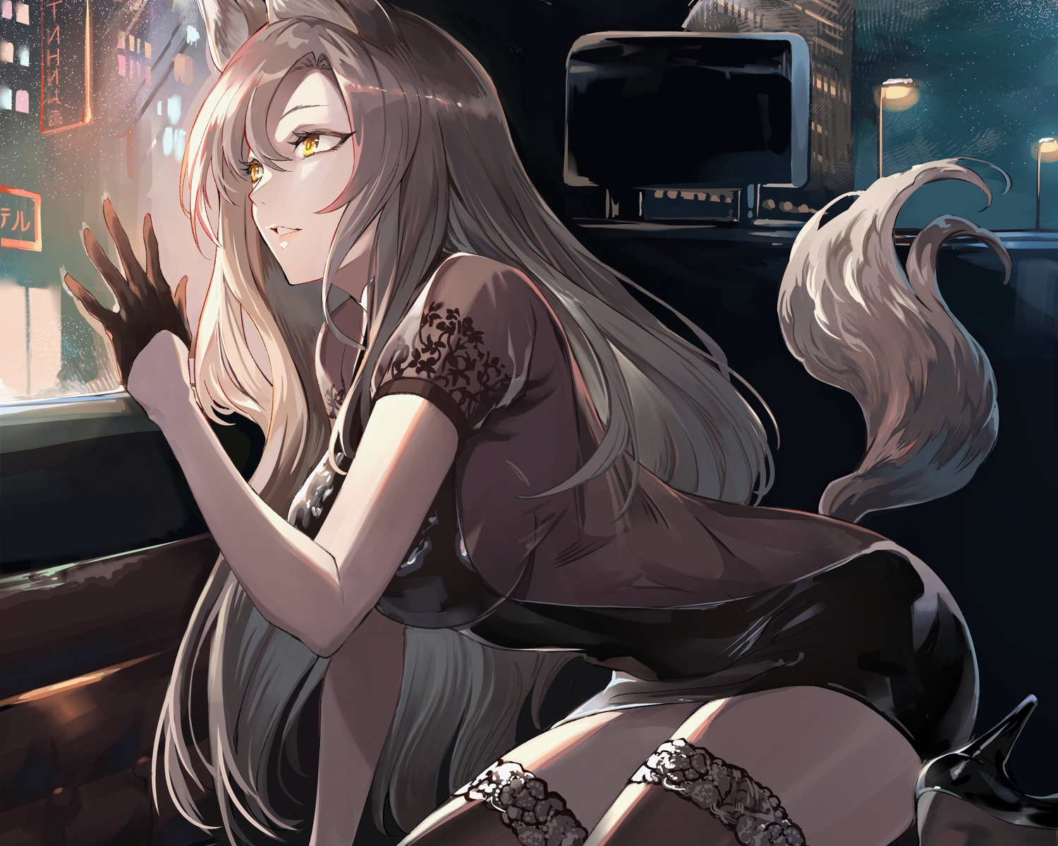 animal_ears, breasts, brown_hair, building, car, city, cropped, devildogs