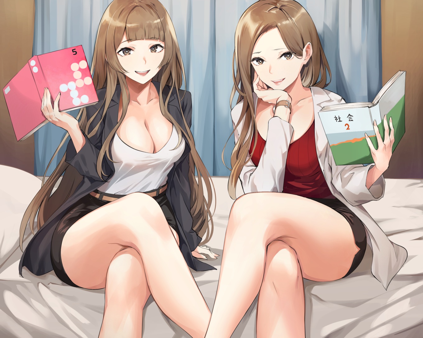 2girls, bed, book, breasts, brown_eyes, brown_hair, cleavage, cropped