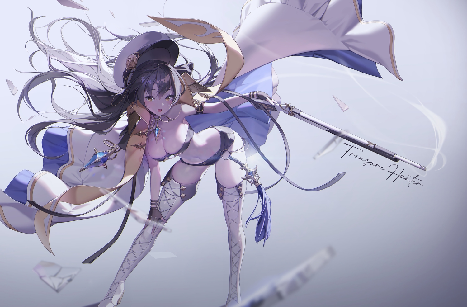 black_hair, boots, breasts, cape, chyo, cleavage, gloves, gun, hat, long_hair, navel, necklace, original, shorts, thighhighs, weapon, yellow_eyes