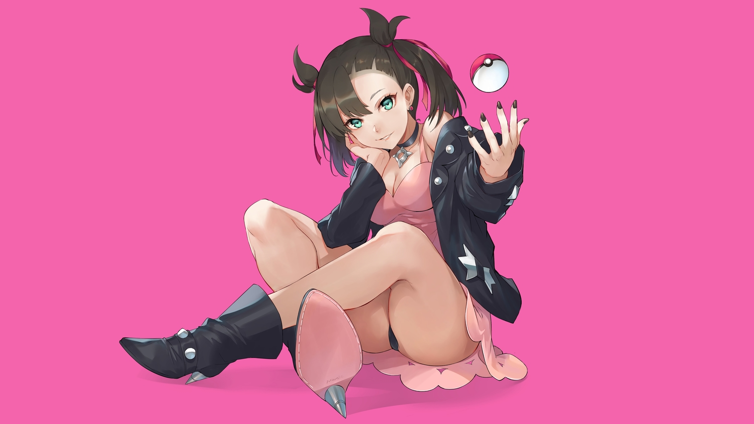 aqua_eyes, black_hair, boots, breasts, choker, cleavage, devildogs, mary_(pokemon)