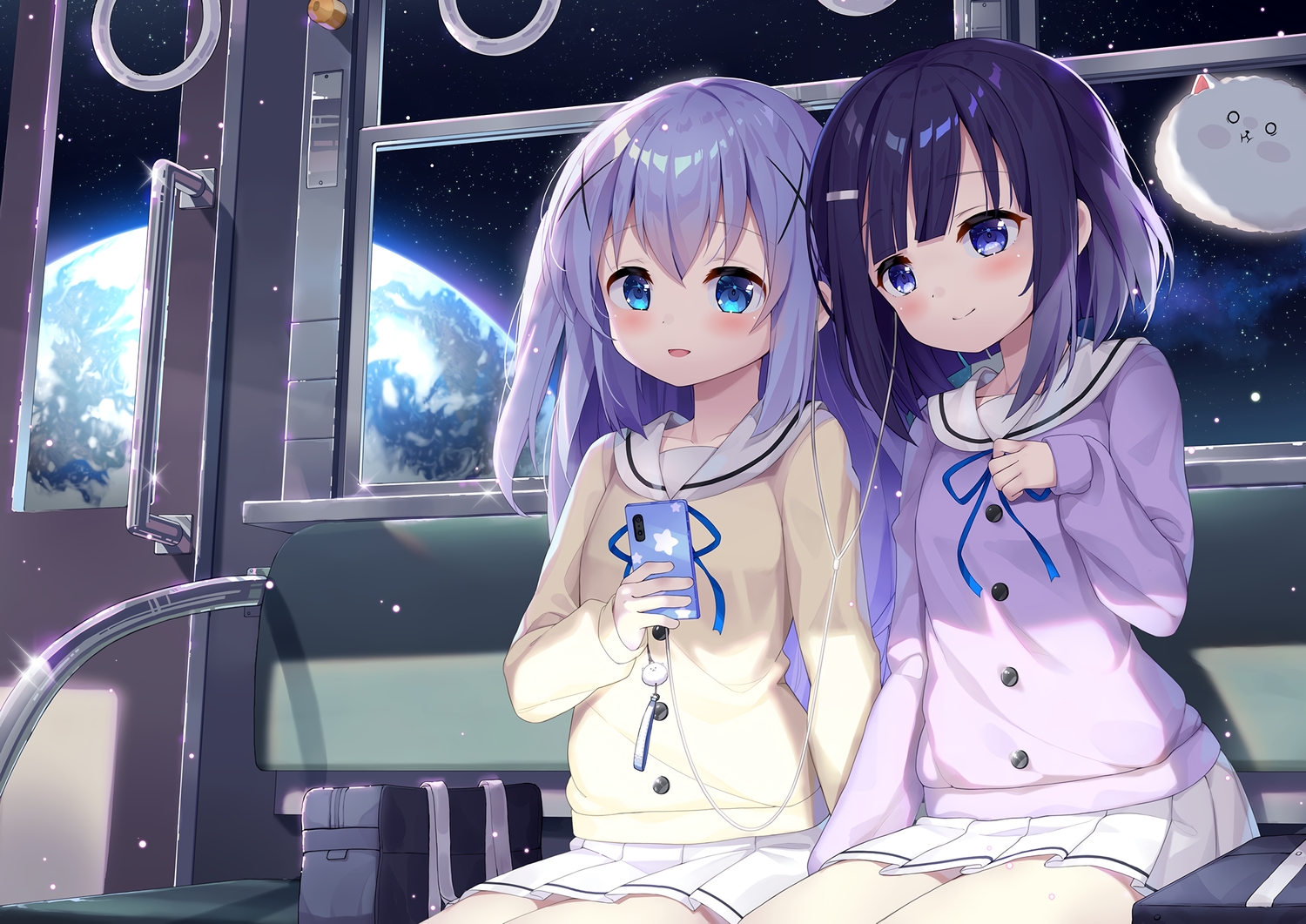 2girls, aqua_eyes, blue_eyes, blush, fuiba_fuyu, gochuumon_wa_usagi_desu_ka?, headphones, kafuu_chino
