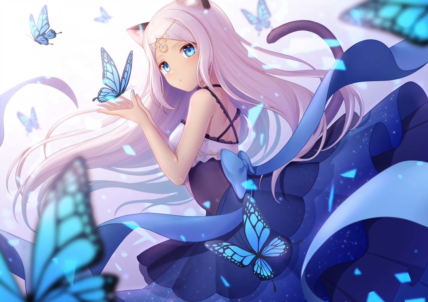 animal_ears, aqua_eyes, bow, butterfly, catgirl, dress, gradient, headdress, hio_(hiohio0306), long_hair, original, ribbons, tail, white_hair