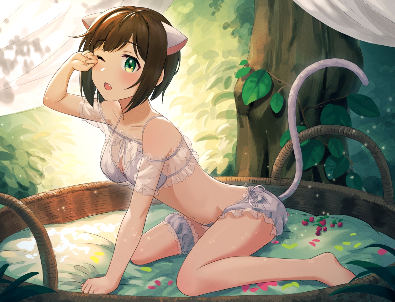 animal_ears, aqua_eyes, bed, bloomers, bra, brown_hair, catgirl, fang
