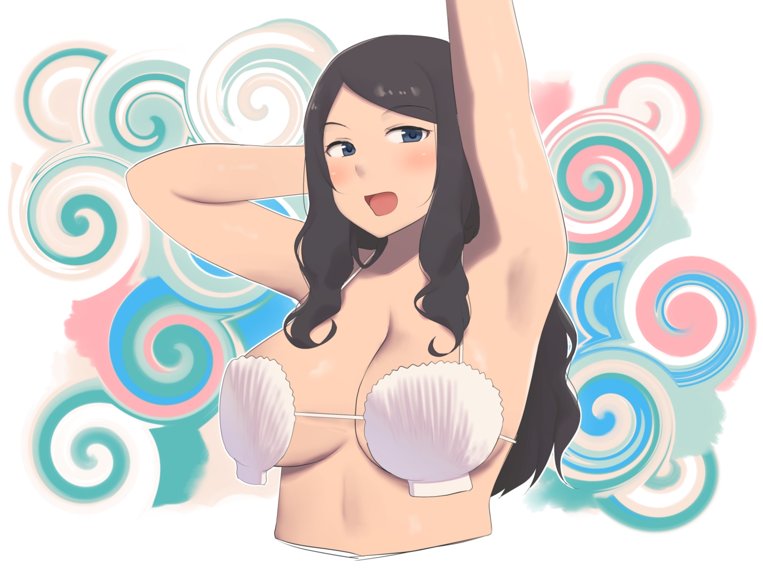 bikini_top, black_hair, blue_eyes, breasts, cleavage, long_hair, original, ryokucha_michi