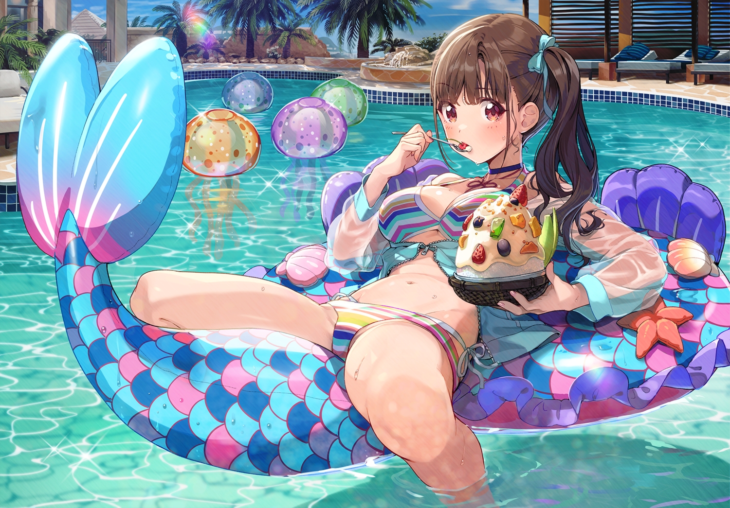 bikini, breasts, brown_eyes, brown_hair, cherry, choker, cleavage, food
