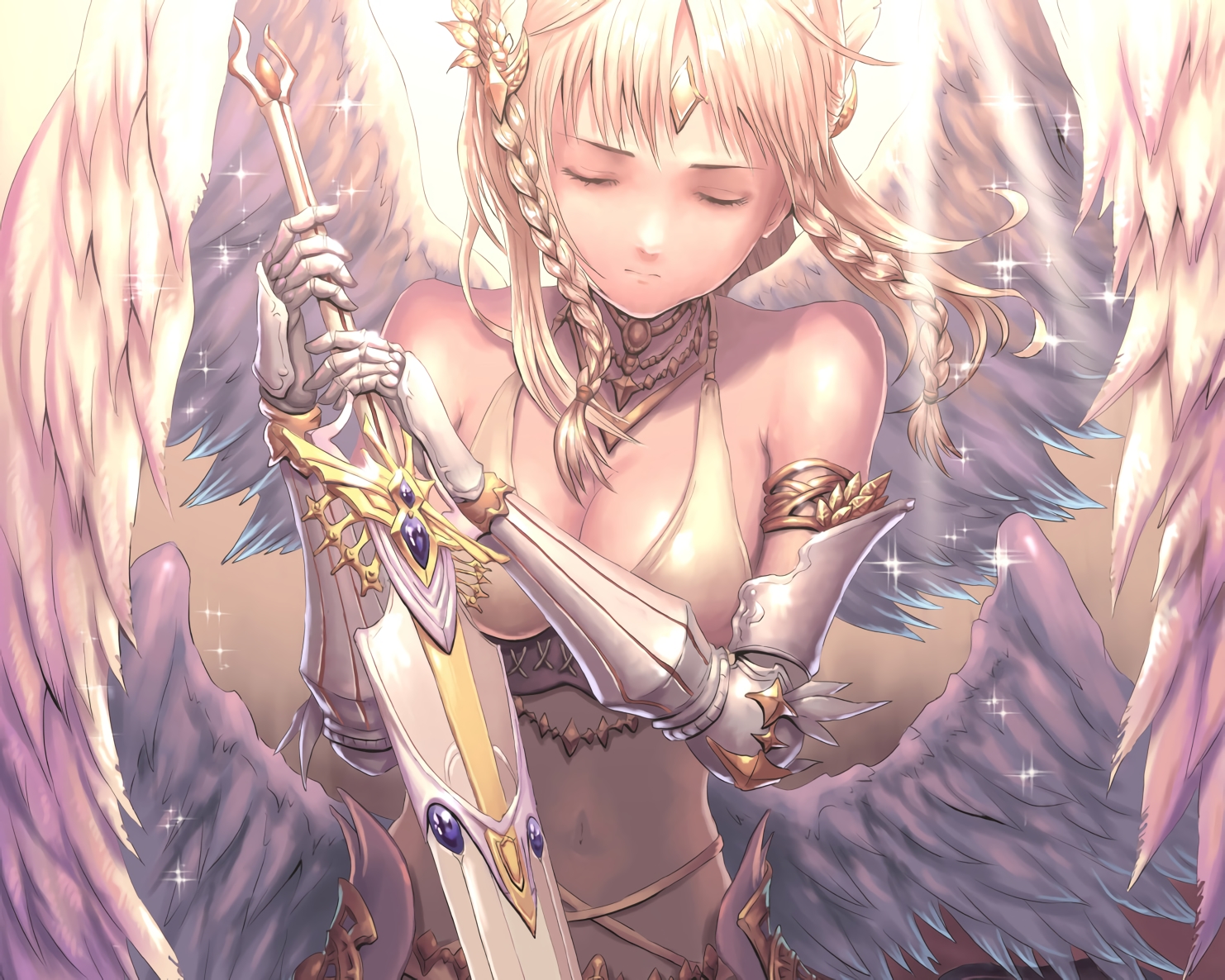 armor, aselica_(king's_raid), bikini, blonde_hair, braids, cropped, elbow_gloves, gloves