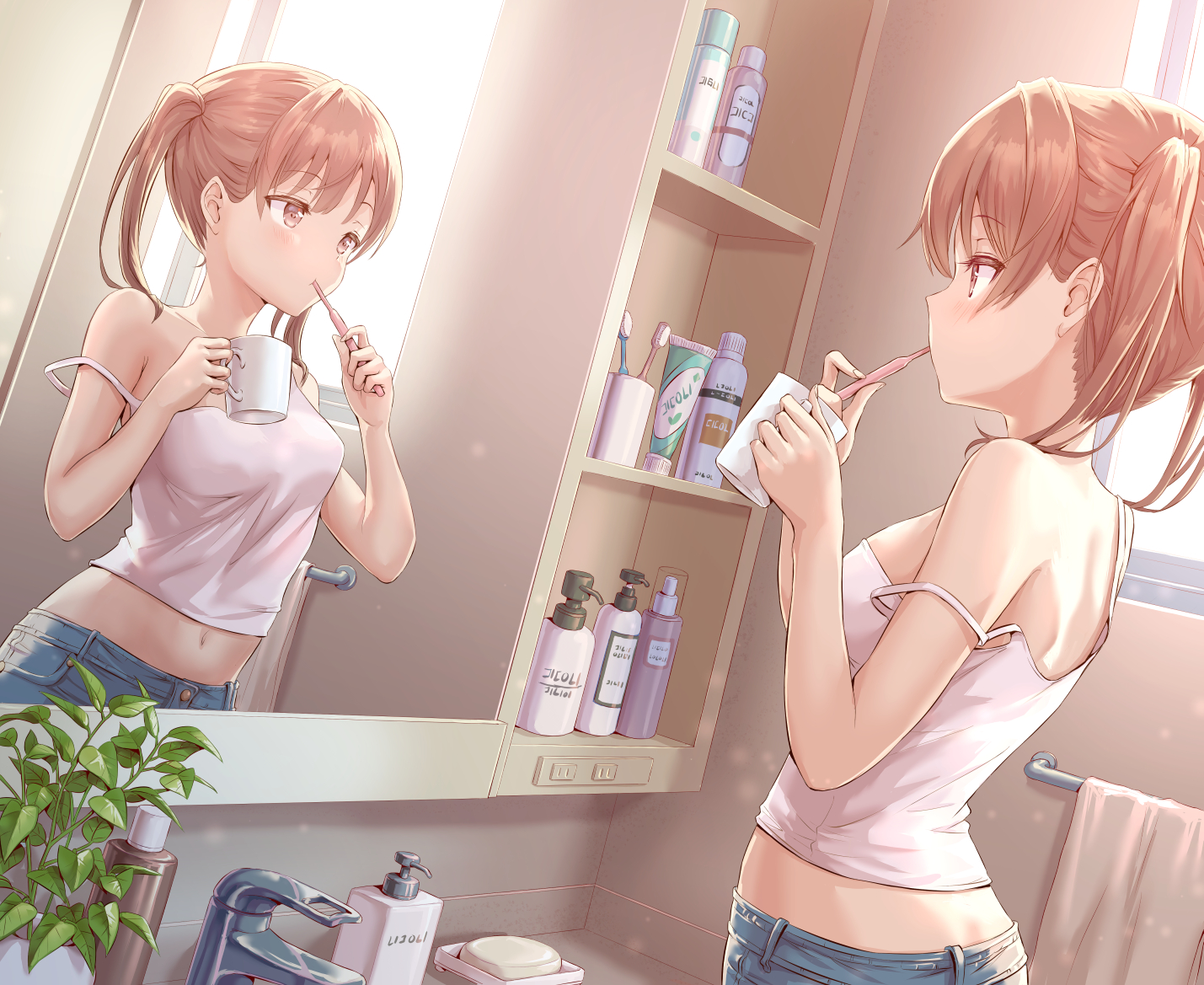 aliasing, bath, blush, brown_eyes, brown_hair, hirokazu_(analysis-depth), mirror, original