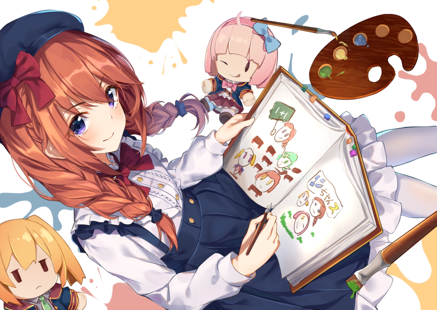 book, braids, doll, isaya_(pixiv4541633), kazama_chieru, kuroe_hanako, long_hair, princess_connect!