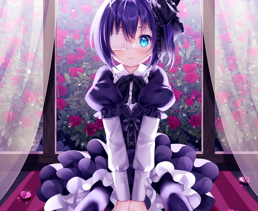 aqua_eyes, blush, bow, chuunibyou_demo_koi_ga_shitai!, cropped, eyepatch, flowers, goth-loli