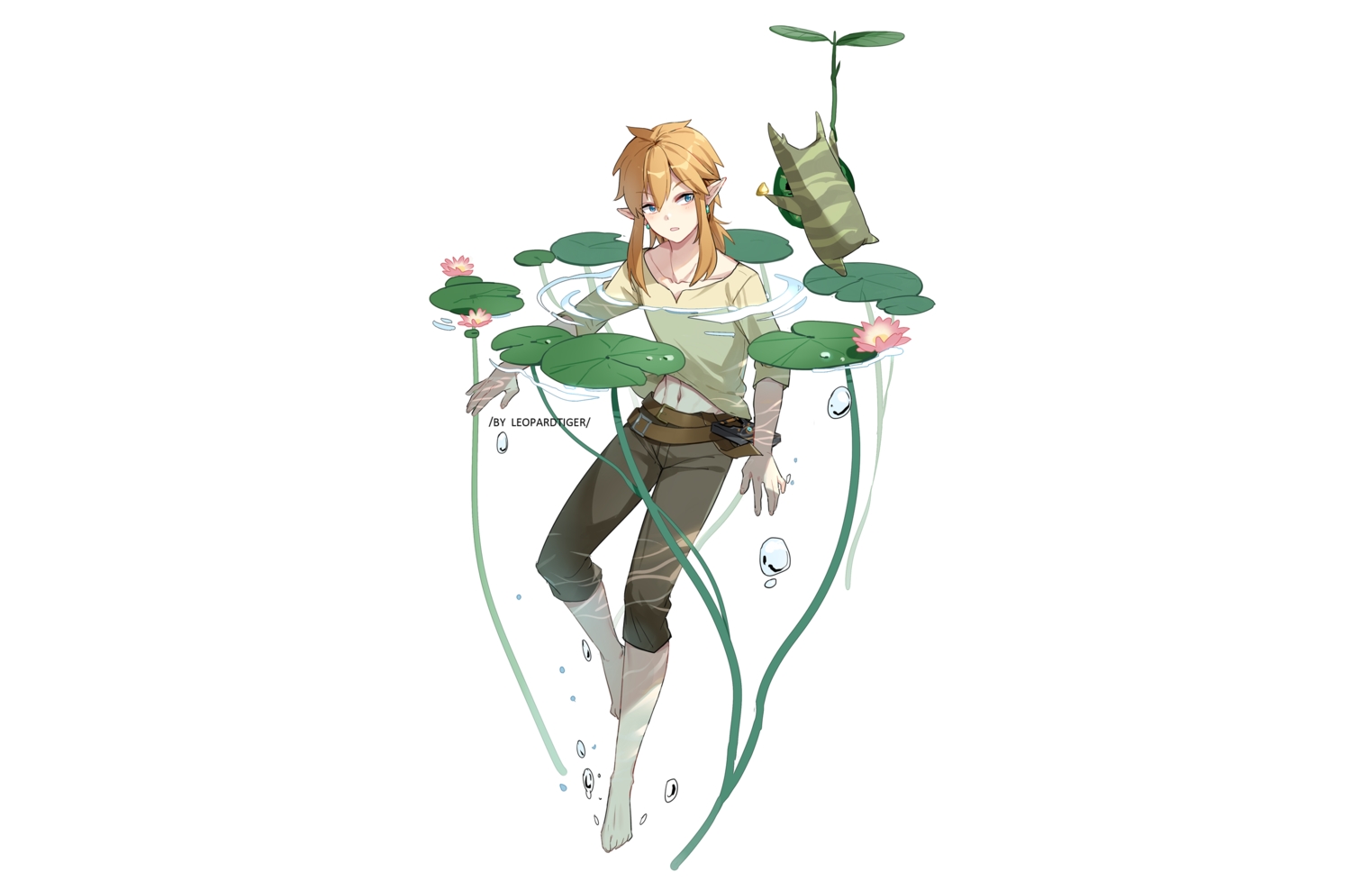 all_male, aqua_eyes, barefoot, blonde_hair, bubbles, flowers, korok, leaves