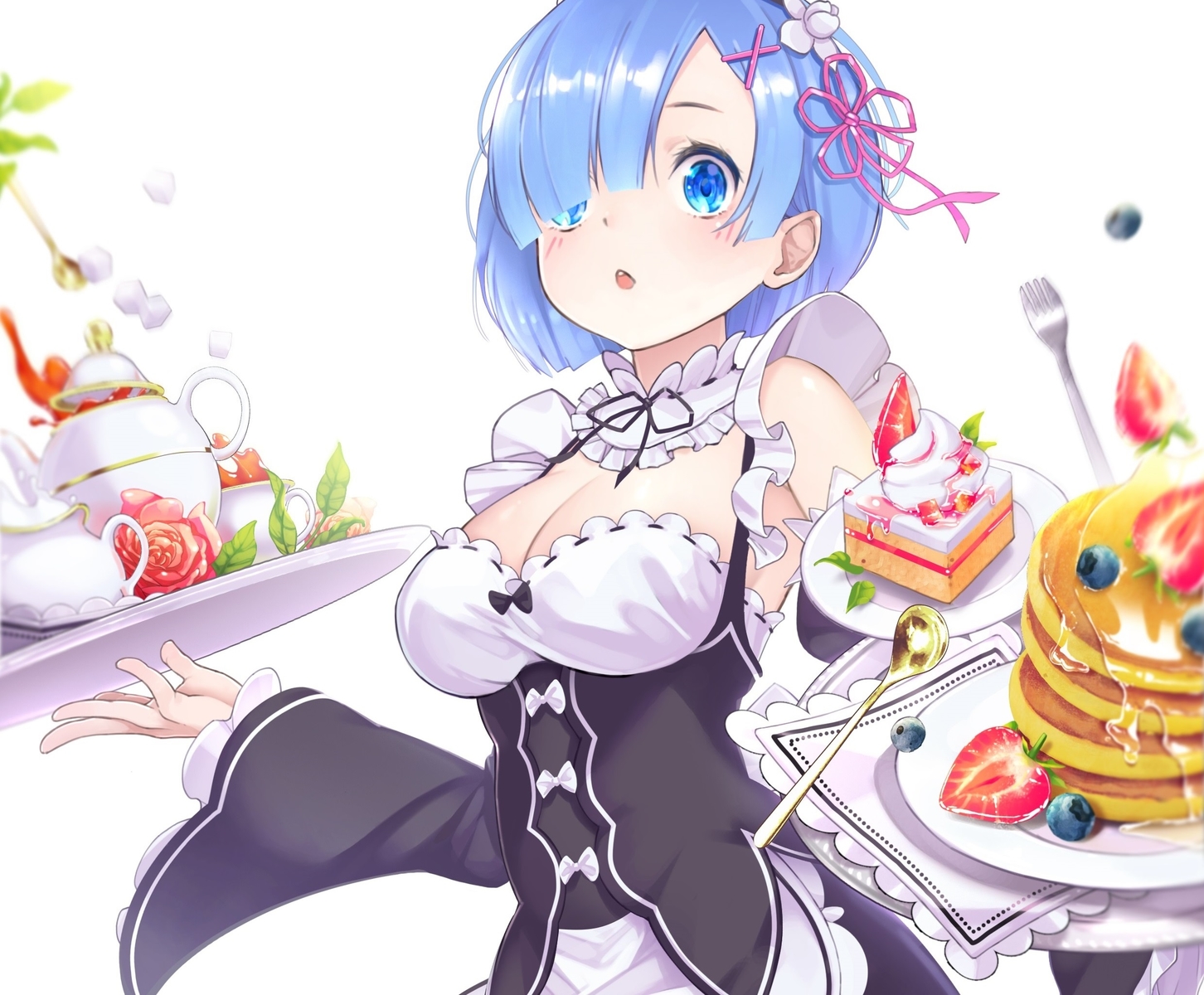 aqua_eyes, aqua_hair, breasts, cake, cleavage, cropped, drink, flowers, food, fruit, headband, maid, rem_(re:zero), re:zero_kara_hajimeru_isekai_seikatsu, short_hair, strawberry, white, zhuang_yao