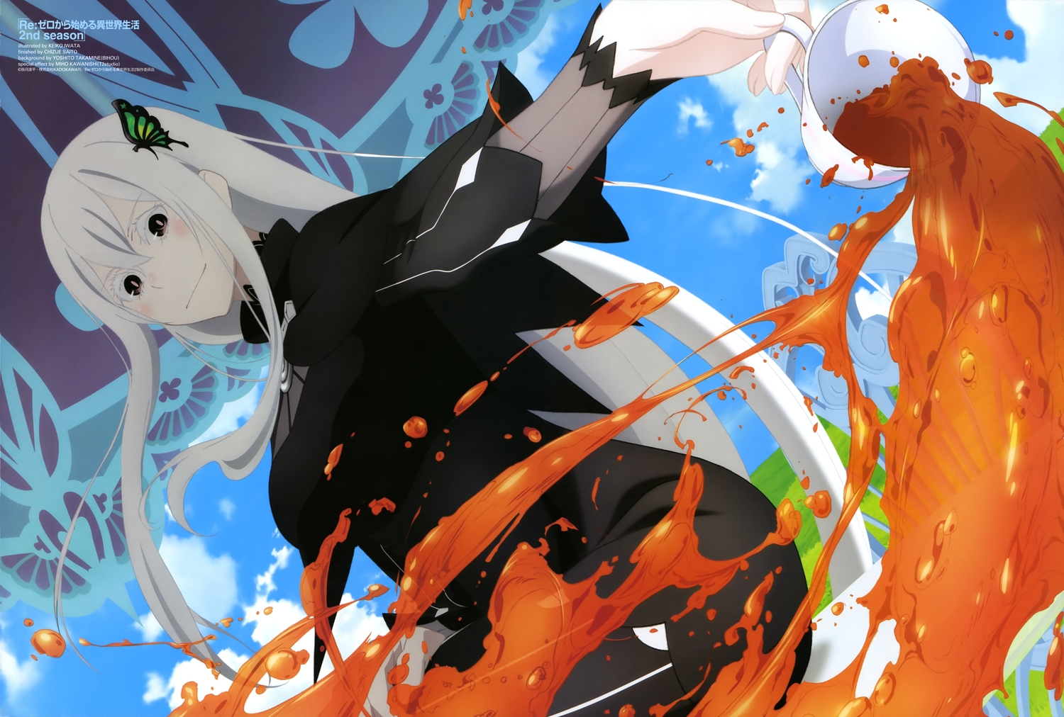 black_eyes, blush, clouds, dress, drink, echidna_(re:zero), iwata_keiko, long_hair