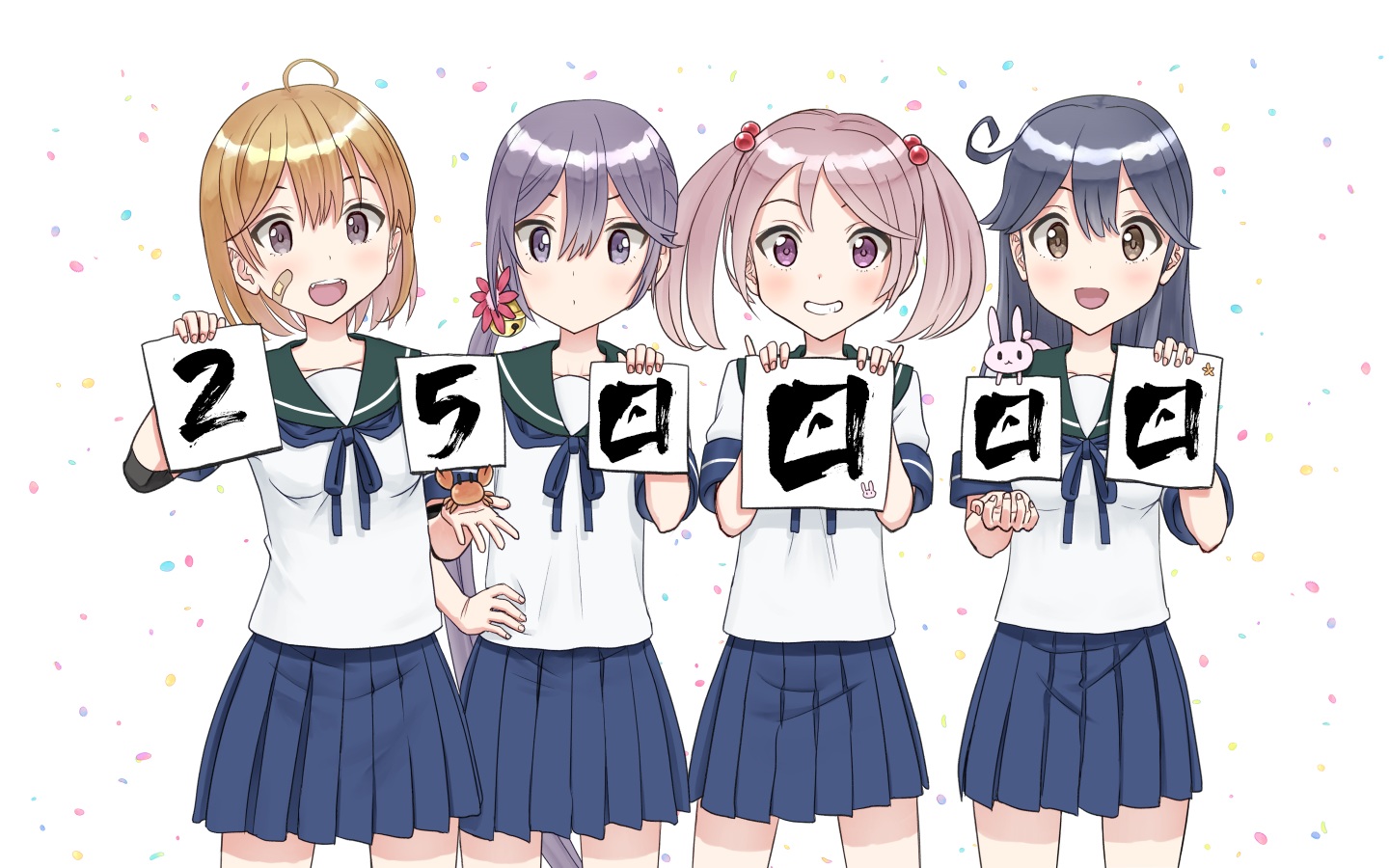 akebono_(kancolle), animal, anthropomorphism, bandaid, black_eyes, blue_hair, brown_eyes, brown_hair, crab, group, kantai_collection, kujira_naoto, long_hair, oboro_(kancolle), ponytail, purple_eyes, sazanami_(kancolle), school_uniform, short_hair, skirt, third-party_edit, twintails, ushio_(kancolle), white