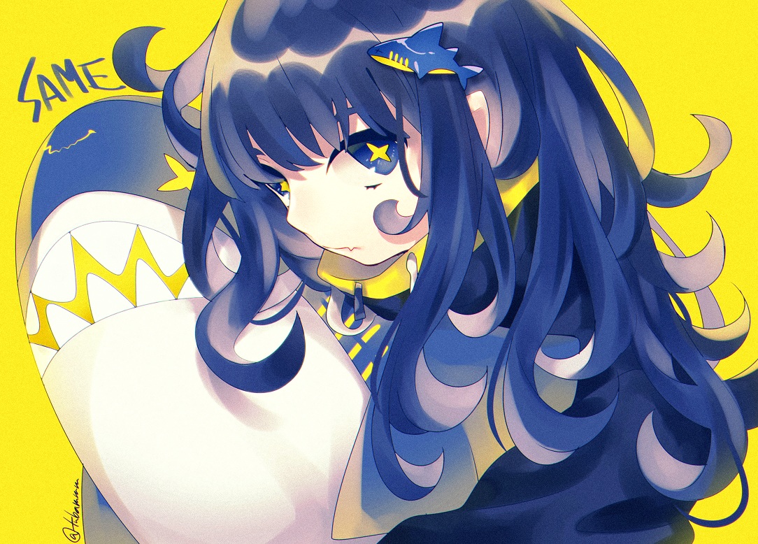 blue_eyes, blue_hair, fang, long_hair, original, polychromatic, same_(tsubaki_tsubaru), signed