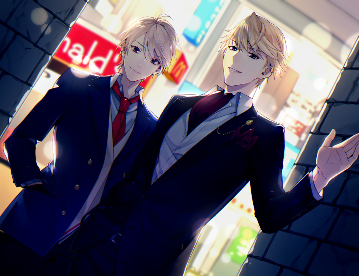 all_male, blonde_hair, byakuya0315, hiyama_takaomi, male, mcdonald's, short_hair, souma_kujou, stand_my_heroes, suit, tie