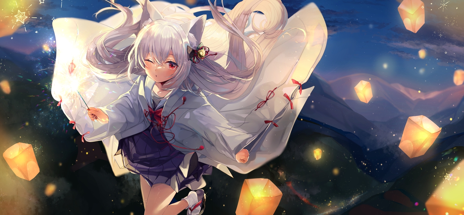 animal_ears, clouds, fireworks, foxgirl, gray_hair, japanese_clothes, landscape, long_hair