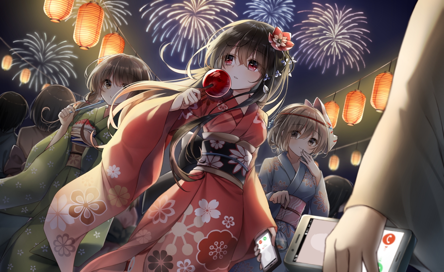 animal, apple, brown_eyes, brown_hair, candy, festival, fireworks, fish