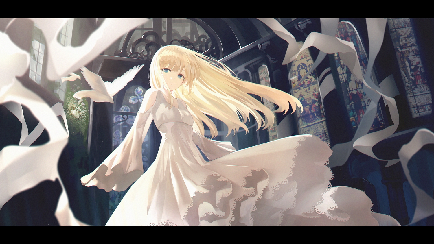 animal, aqua_eyes, bird, blonde_hair, building, dress, long_hair, neiless_neiro