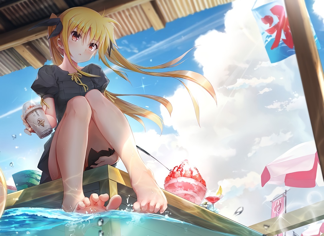 barefoot, blonde_hair, clouds, dress, drink, fate_testarossa, food, hoshino_reyuki, long_hair, mahou_shoujo_lyrical_nanoha, red_eyes, sky, summer, summer_dress, twintails, water