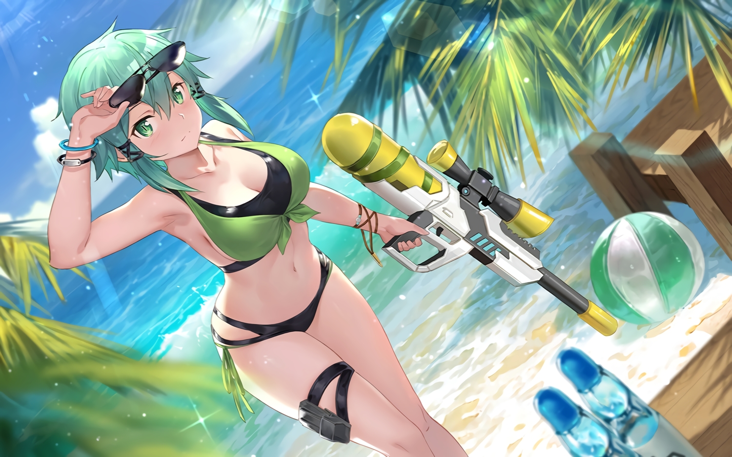 ball, bikini, breasts, cleavage, clouds, drink, green_eyes, green_hair, hoshino_reyuki, shinon_(sao), sky, sunglasses, swimsuit, sword_art_online, waifu2x, water