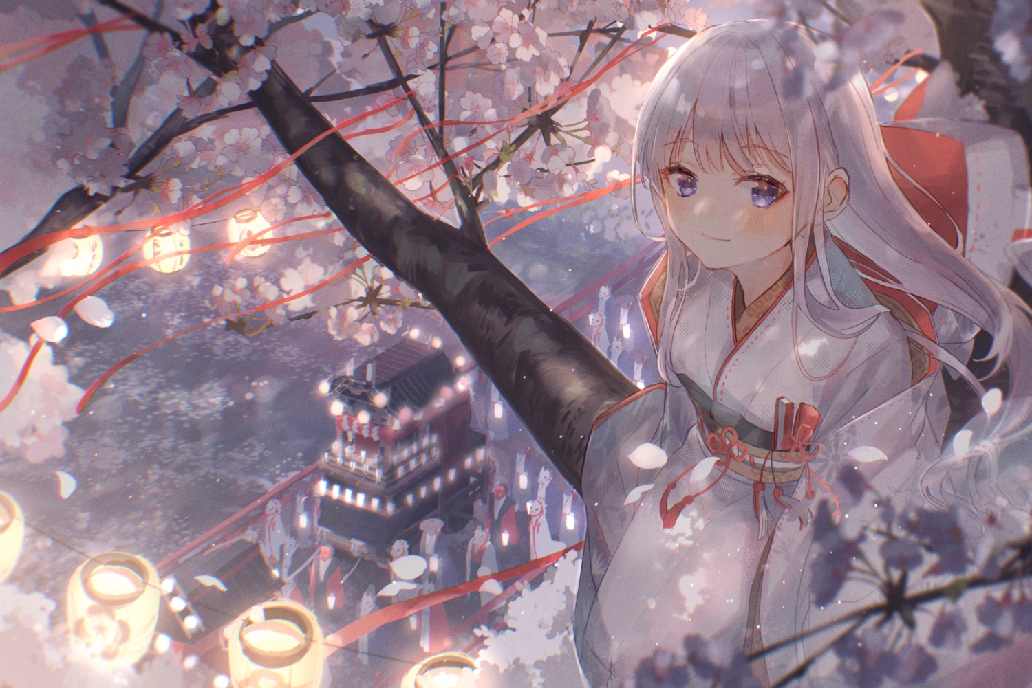 blue_eyes, blush, cherry_blossoms, fan, festival, flowers, group, hood, japanese_clothes, kimono, long_hair, mask, original, oyuyu, shrine, tree, wedding_attire, white_hair