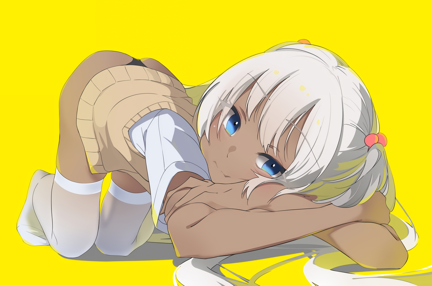 aqua_eyes, ass, dark_skin, katuo1129, long_hair, original, panties, school_uniform
