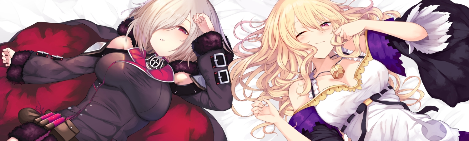 2girls, blonde_hair, breasts, cape, cleavage, dorothy_(shingeki_no_bahamut), dress, long_hair