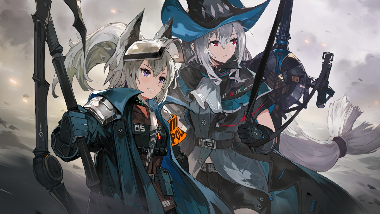 2girls, alchemaniac, animal_ears, arknights, game_cg, gloves, grani_(arknights), gray_hair