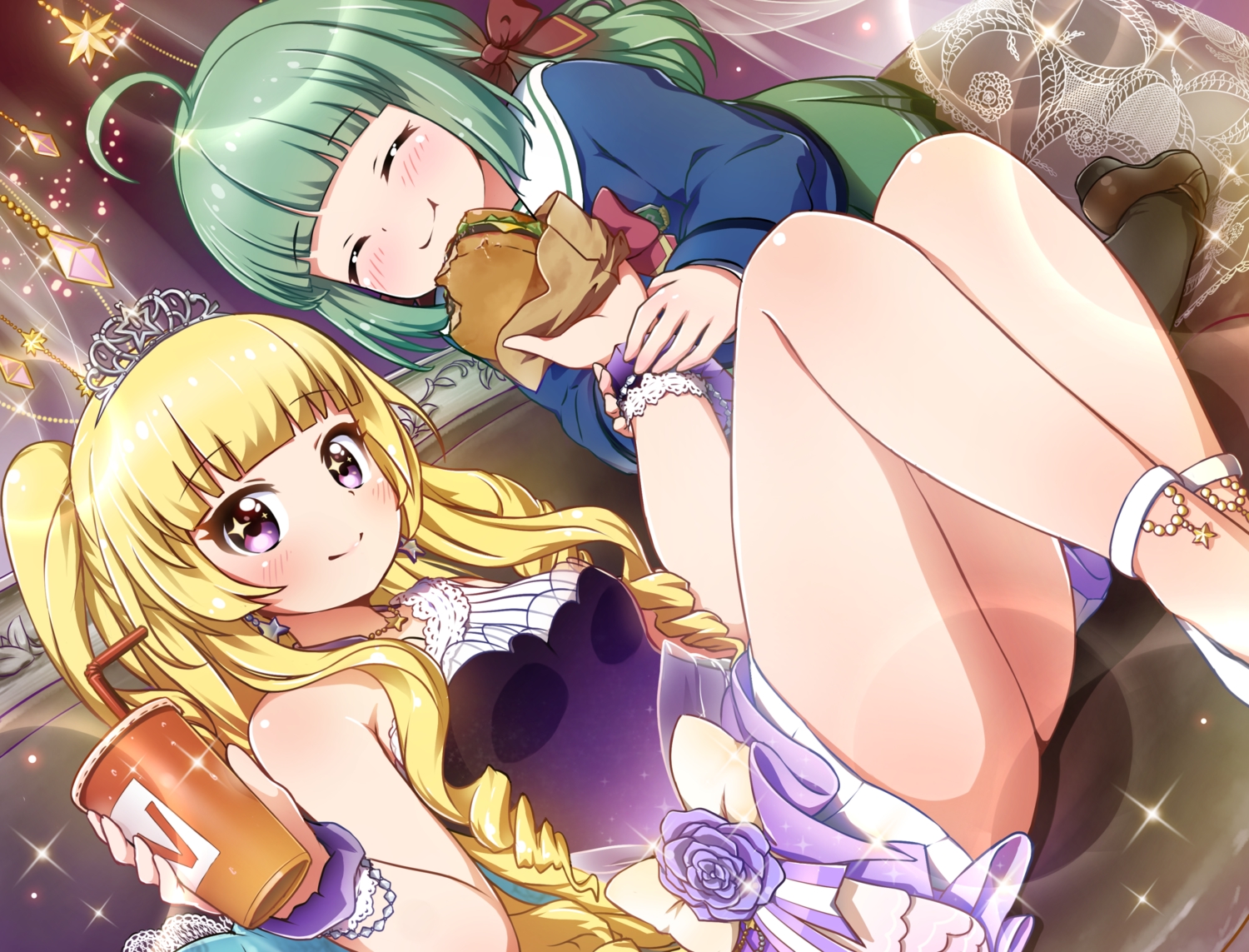 2girls, battle_girl_high_school, blonde_hair, blush, drink, food, green_hair, long_hair, necklace, purple_eyes, sadone, school_uniform, sendouin_kaede, skirt, tamanegi_(12030028), tiara, twintails, wristwear