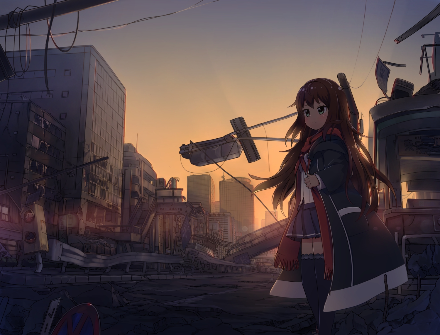 battle_girl_high_school, blush, brown_hair, building, city, green_eyes, hood, misaki_(battle_girl_high_school)