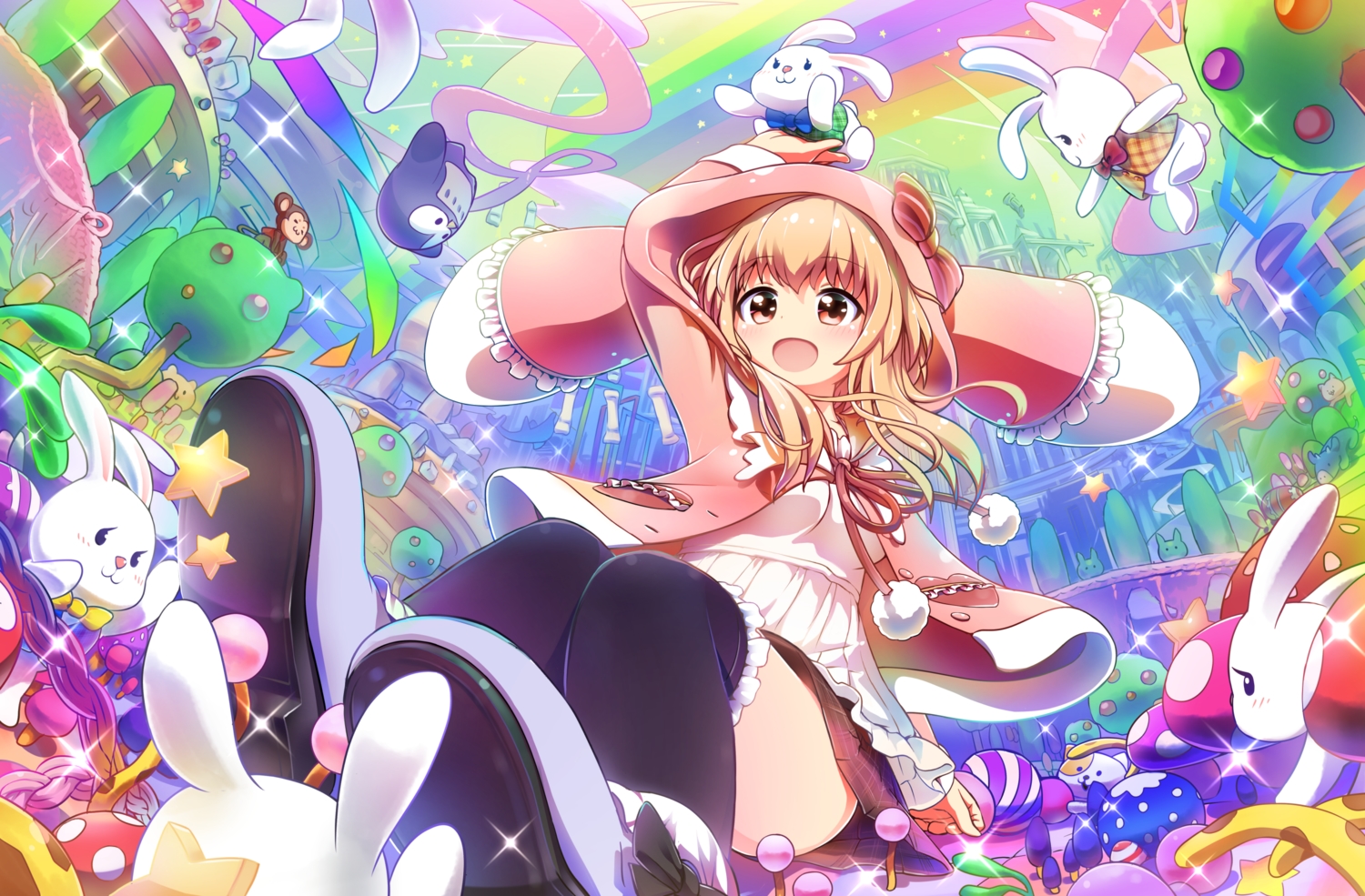 animal_ears, battle_girl_high_school, blonde_hair, blush, bow, bunny_ears, food, fruit