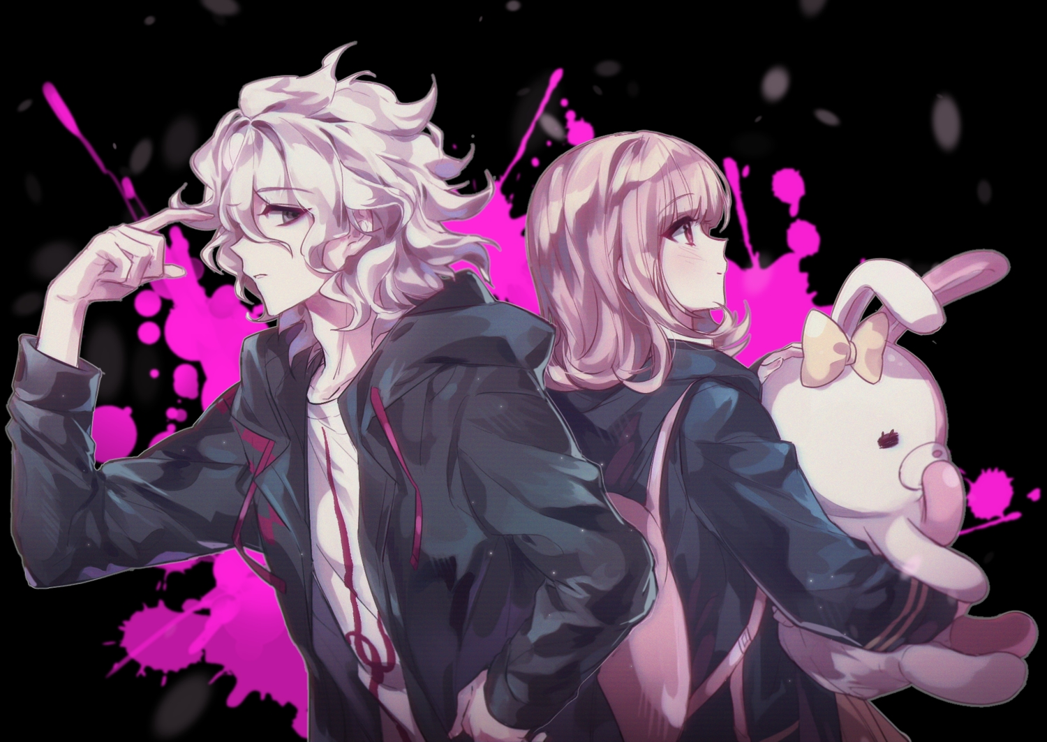 black, blush, bunny, dangan-ronpa, dangan-ronpa_2, green_eyes, hood, komaeda_nagito, lovely_ummm, male, nanami_chiaki, new_dangan-ronpa_v3, pink_eyes, pink_hair, polychromatic, short_hair, white_hair