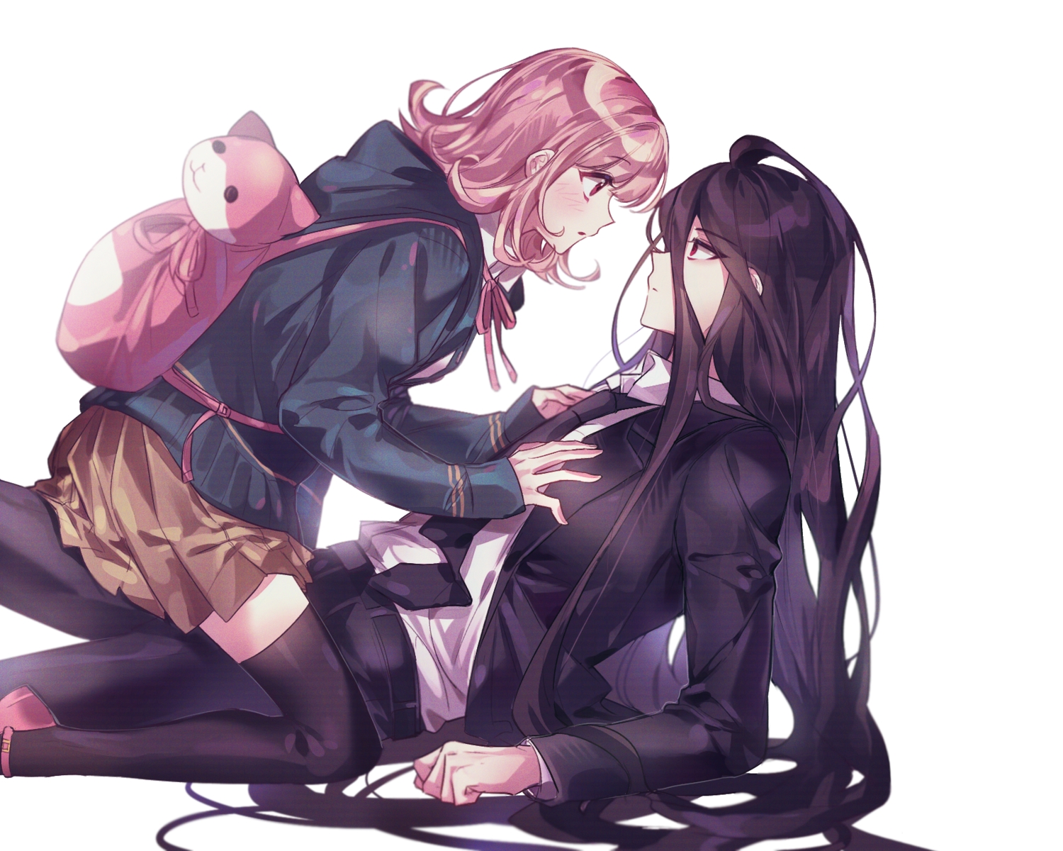 black_hair, blush, dangan-ronpa, dangan-ronpa_2, hood, kamukura_izuru, long_hair, lovely_ummm, male, nanami_chiaki, pink_eyes, pink_hair, red_eyes, school_uniform, short_hair, skirt, suit, thighhighs, third-party_edit, tie, white, zettai_ryouiki