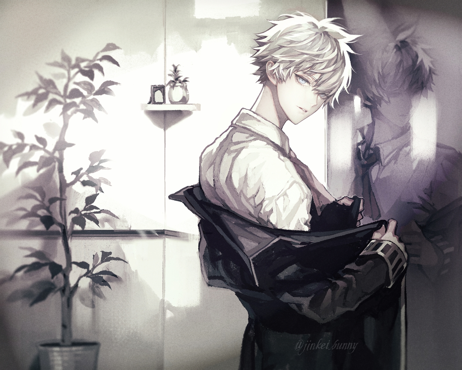 all_male, charles_henri_sanson_(fate/grand_order), fate/grand_order, fate_(series), koshika_rina, male, polychromatic, reflection, watermark