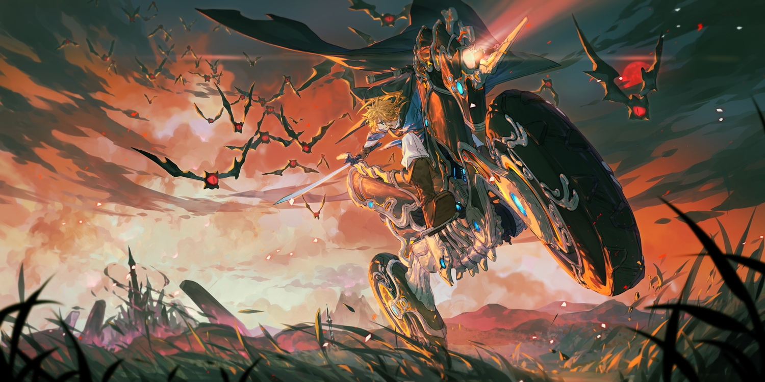 all_male, animal, arsh_(thestarwish), blonde_hair, clouds, grass, link_(zelda), male