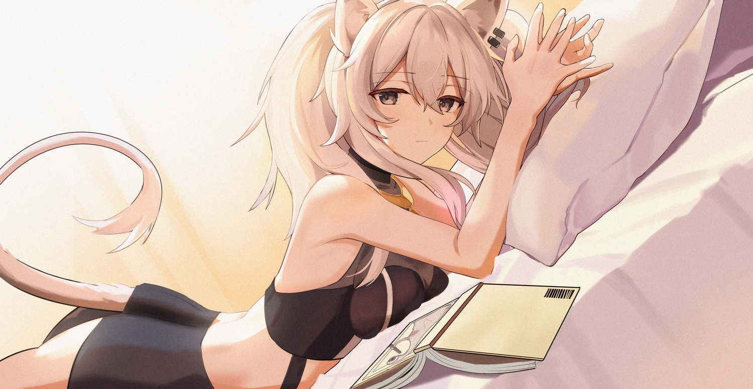 animal_ears, bed, book, catgirl, changpan_hutao, hololive, long_hair, shishiro_botan, tail