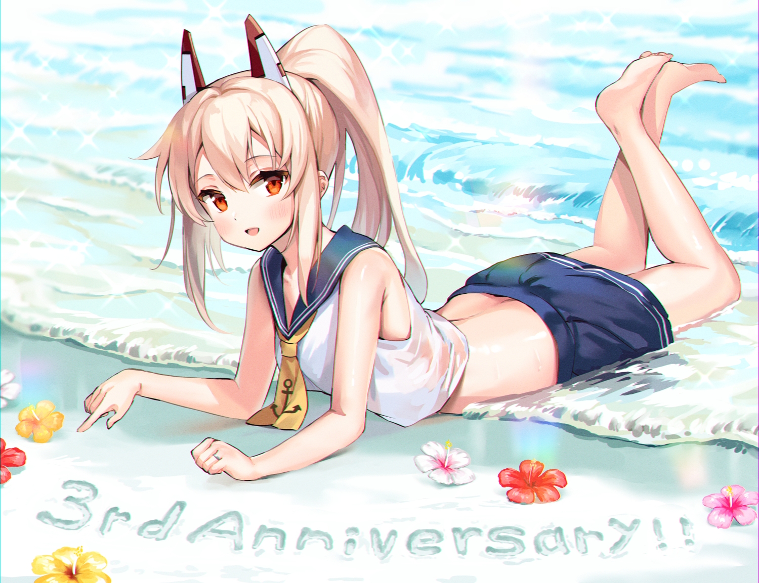 anthropomorphism, ayanami_(azur_lane), azur_lane, beach, blonde_hair, flowers, kiyosato0928, long_hair