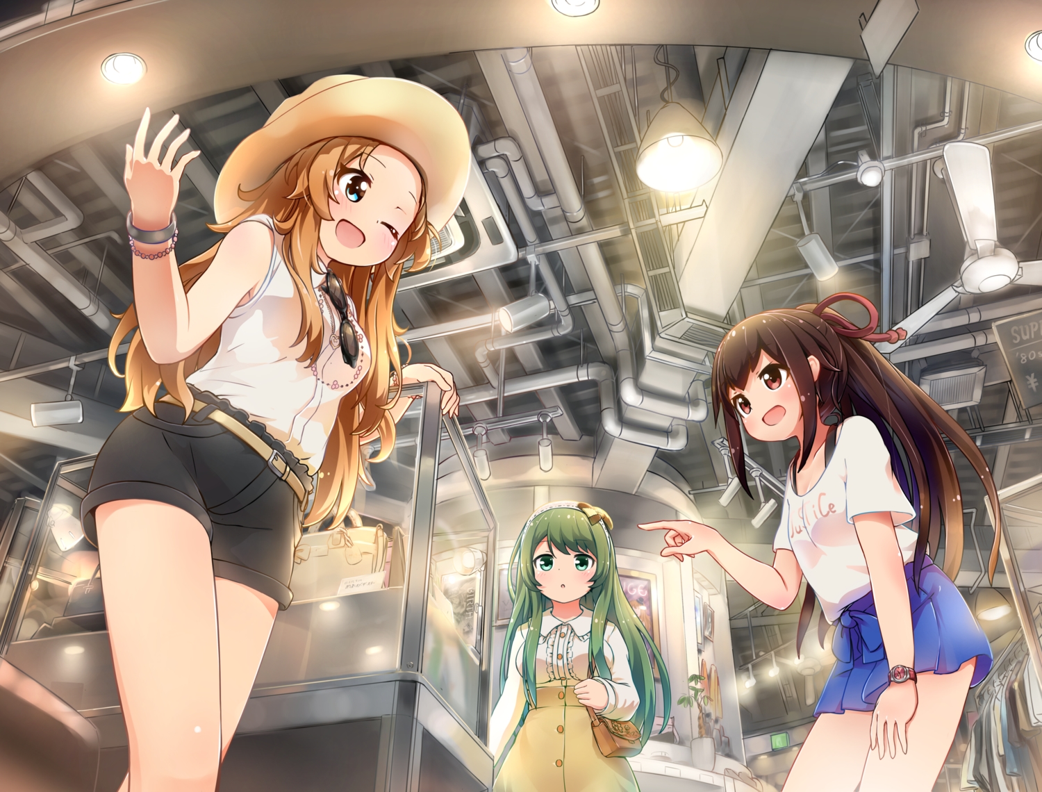 amano_nozomi, battle_girl_high_school, blue_eyes, brown_eyes, brown_hair, building, green_eyes, green_hair, hat, himukai_yuri, long_hair, ponytail, shirt, shorts, sunglasses, tamanegi_(12030028), tokiwa_kurumi, wink, wristwear