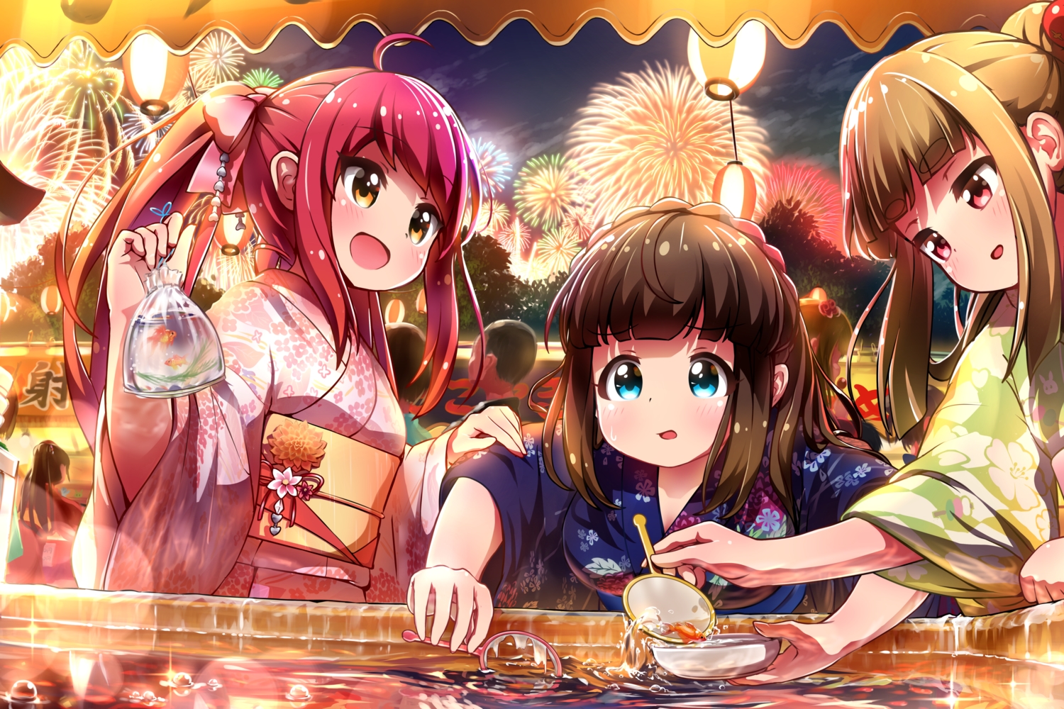 animal, aqua_eyes, asahina_kokomi, battle_girl_high_school, brown_eyes, brown_hair, festival, fireworks