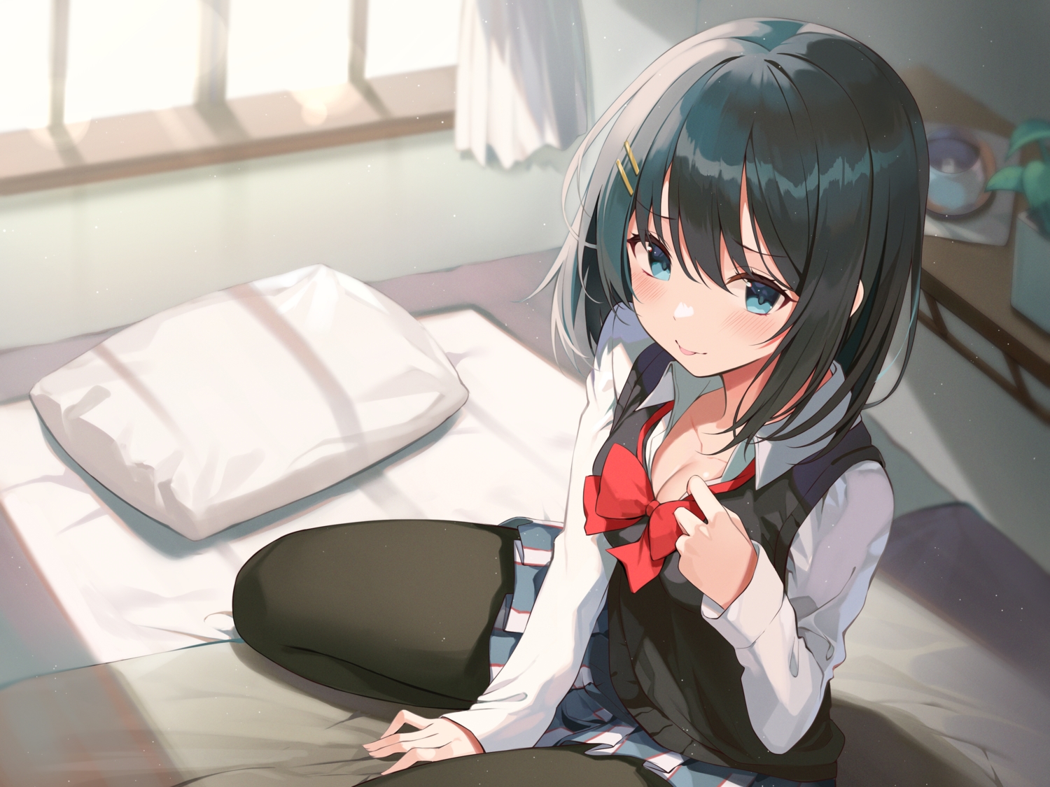 ale_nqki, aqua_eyes, bed, black_hair, breasts, cleavage, original, pantyhose