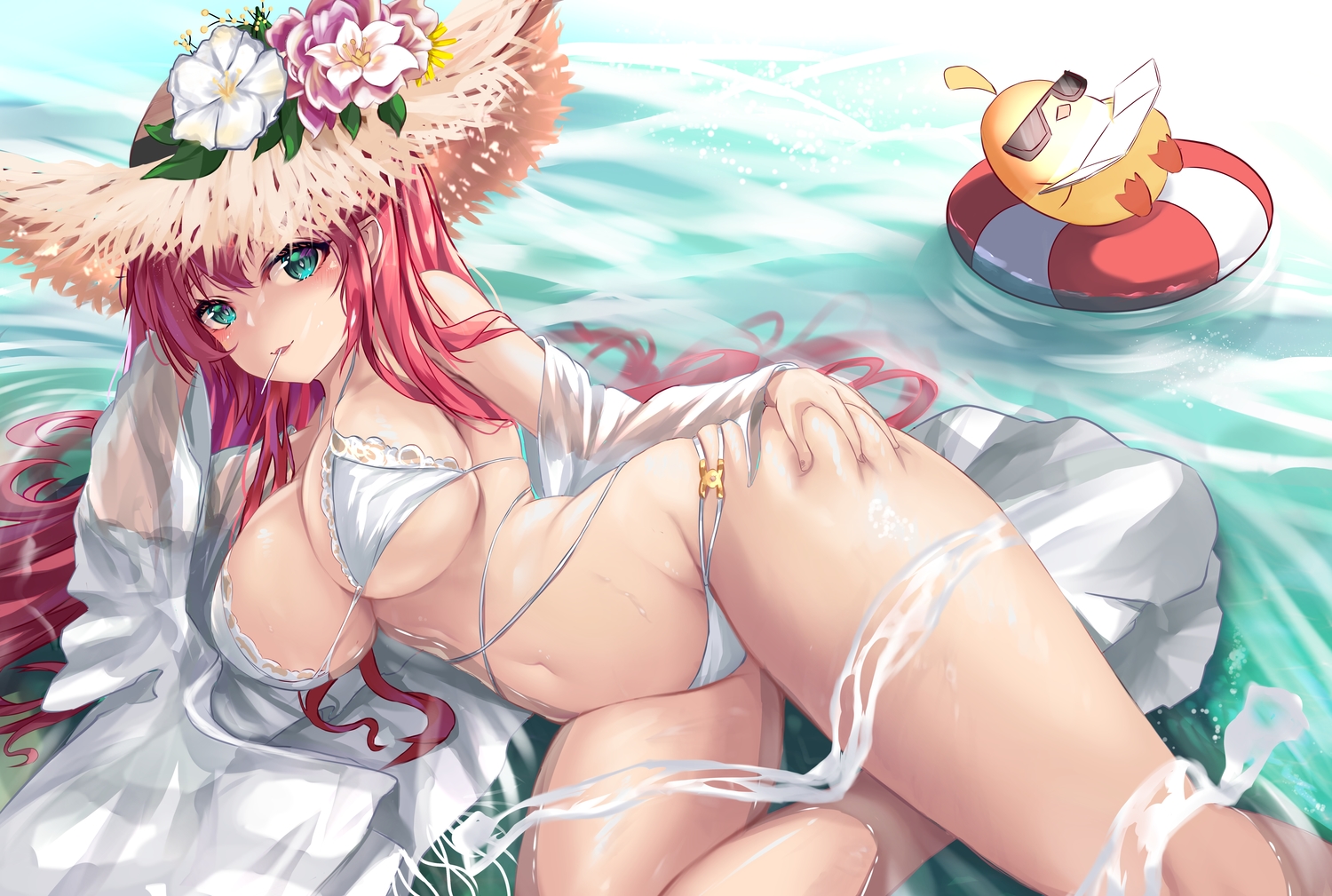 anthropomorphism, aqua_eyes, azur_lane, bikini, breasts, cleavage, hat, long_hair, manjuu_(azur_lane), nekodama2000, red_hair, sunglasses, surcouf_(azur_lane), swimsuit