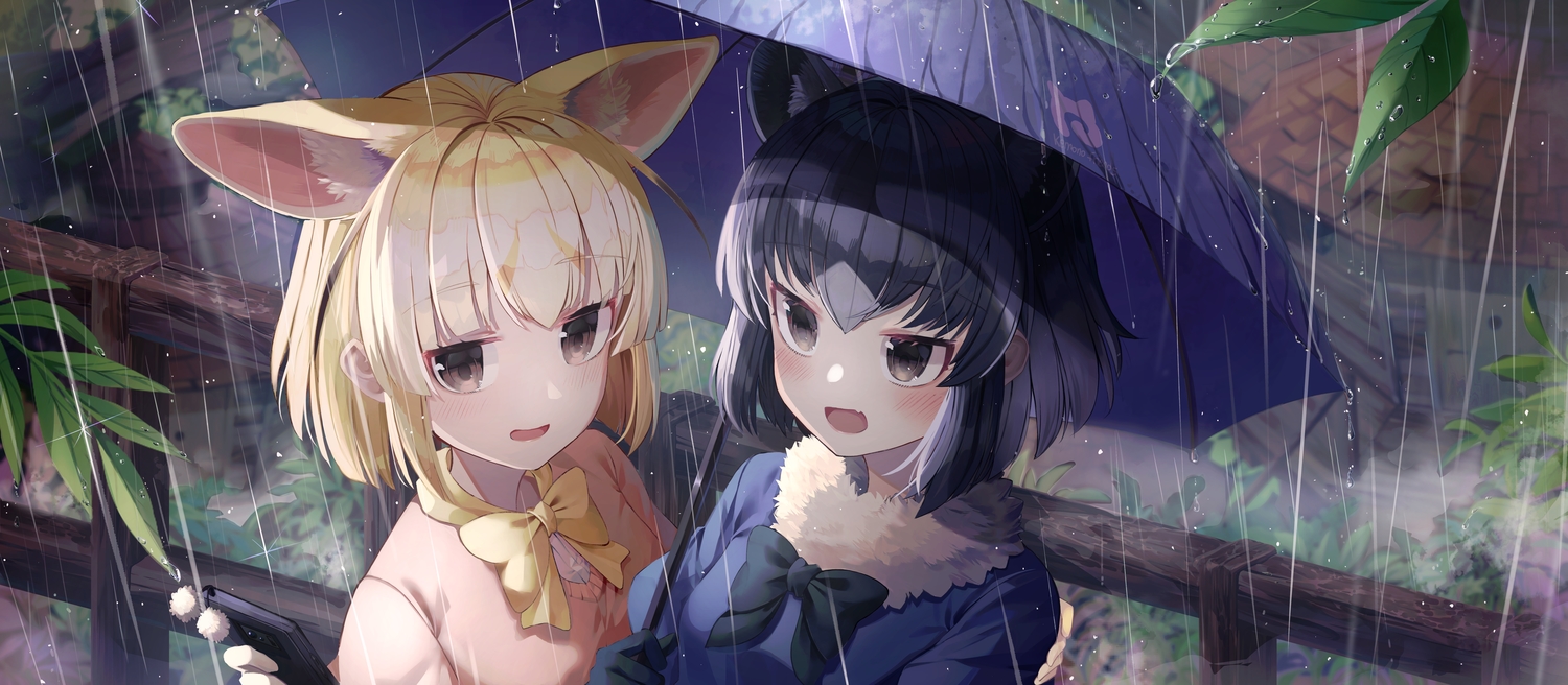 2girls, animal_ears, animal_ears_(artist), anthropomorphism, black_hair, blonde_hair, brown_eyes, common_raccoon_(kemono_friends)
