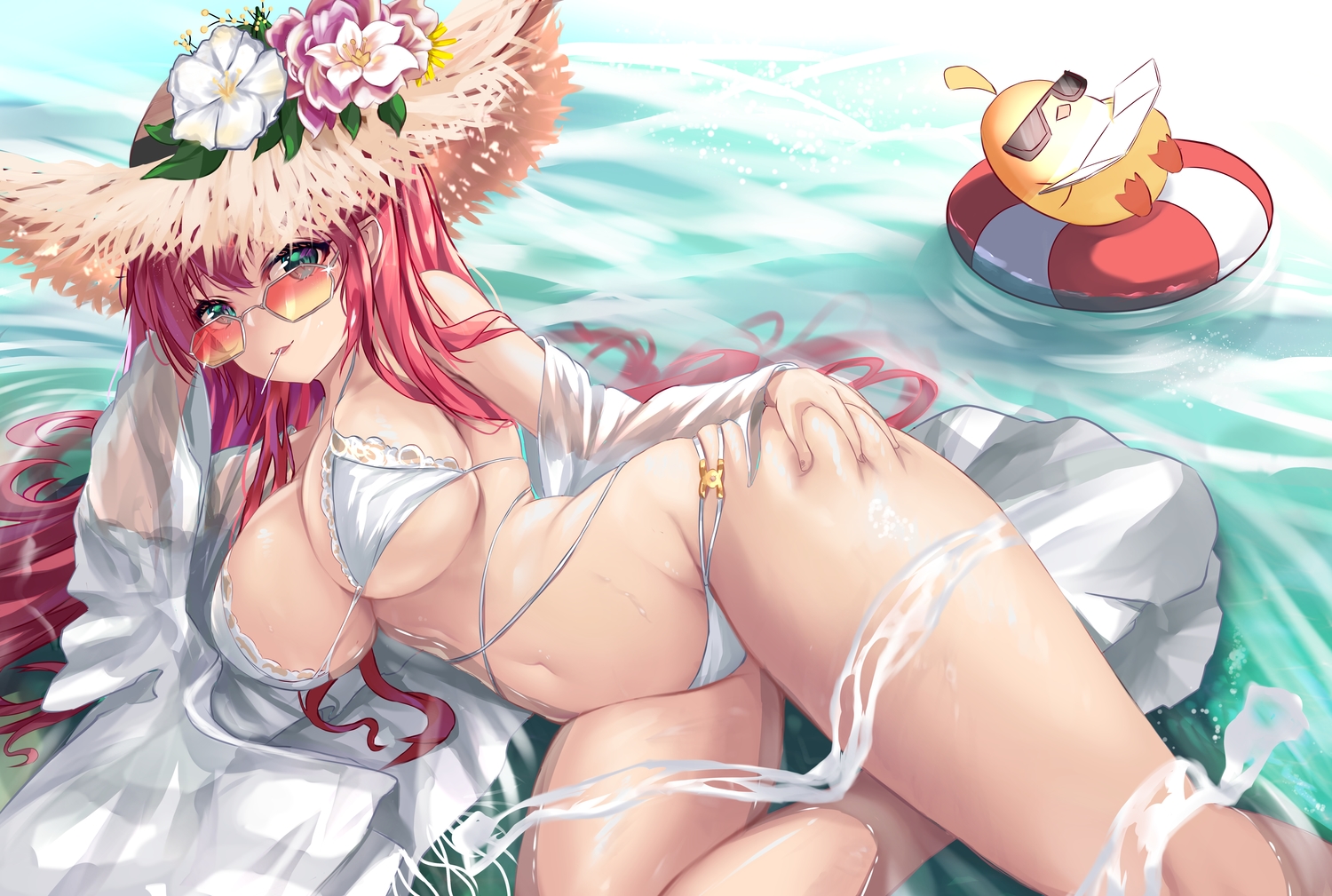 anthropomorphism, aqua_eyes, azur_lane, bikini, breasts, cleavage, hat, long_hair, manjuu_(azur_lane), nekodama2000, red_hair, sunglasses, surcouf_(azur_lane), swimsuit