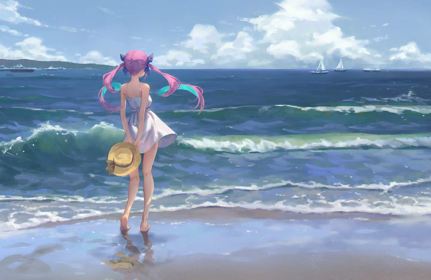barefoot, beach, boat, clouds, dress, gawain_(artist), hat, hololive, long_hair, minato_aqua, purple_hair, reflection, scenic, sky, summer_dress, twintails, water